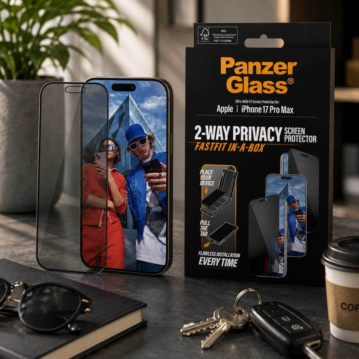 PanzerGlass Ultra-Wide Fit Fastfit Privacy Screen Protector with Black Frame
