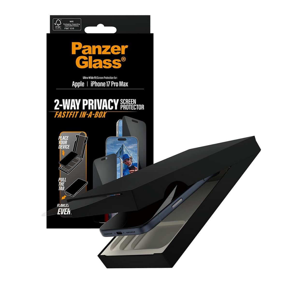 PanzerGlass Ultra-Wide Fit Fastfit Privacy Screen Protector with Black Frame