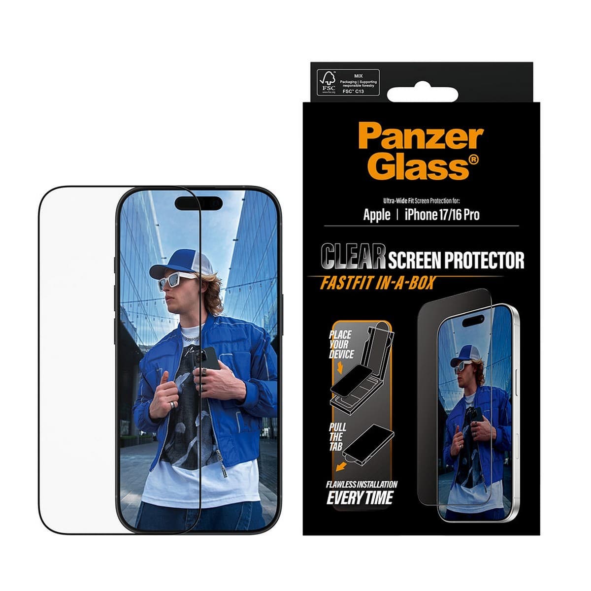 PanzerGlass Ultra-Wide Fit Fastfit Screen Protector with Black Frame for iPhone 17/16 Pro