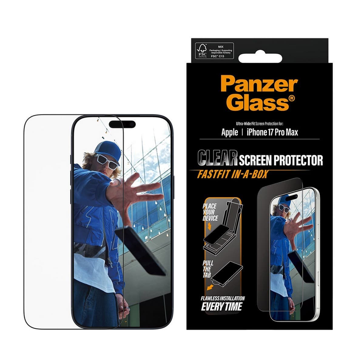 PanzerGlass Ultra-Wide Fit Fastfit Screen Protector with Black Frame for iPhone 17 Pro Max