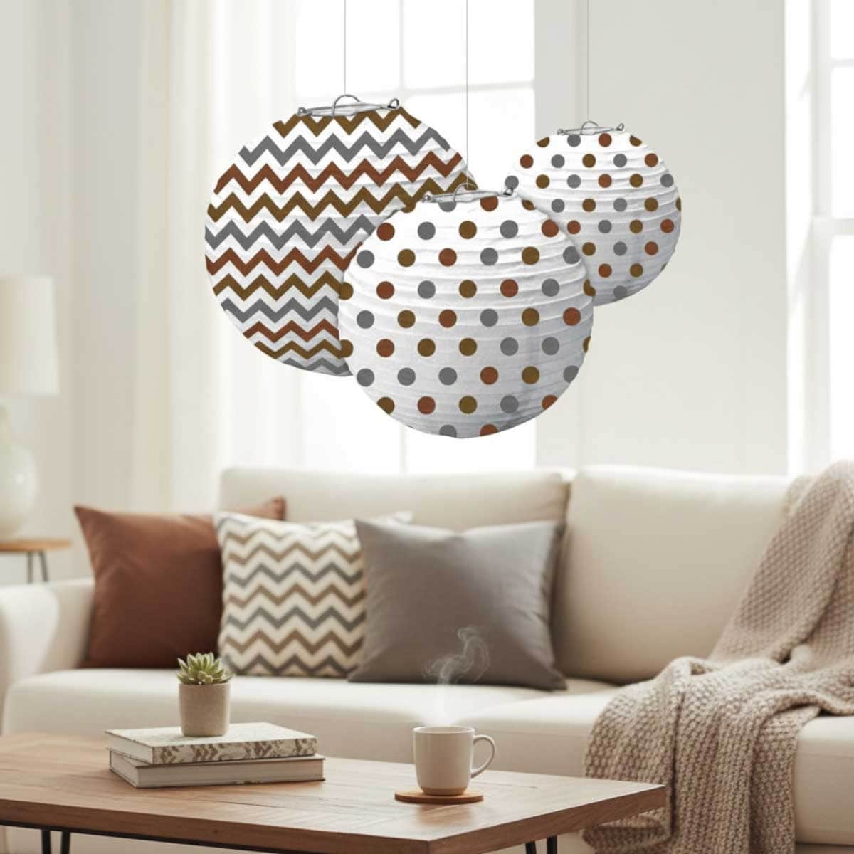 Party Centre 3-Piece 9" Mixed Metals Dots & Chevron Round Paper Lanterns Set