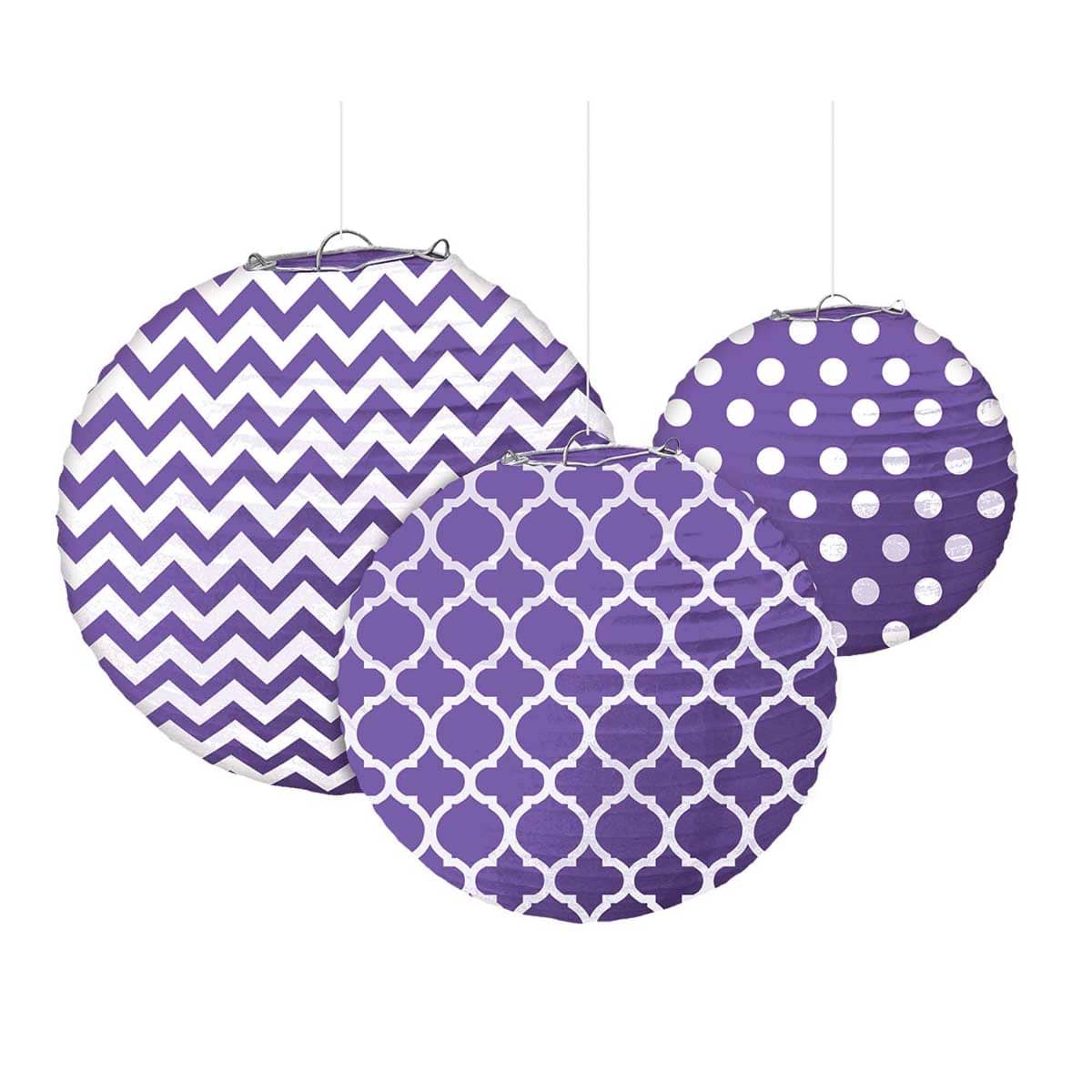 Party Centre 3-Piece 9" Purple Dots & Chevron Round Paper Lanterns Set
