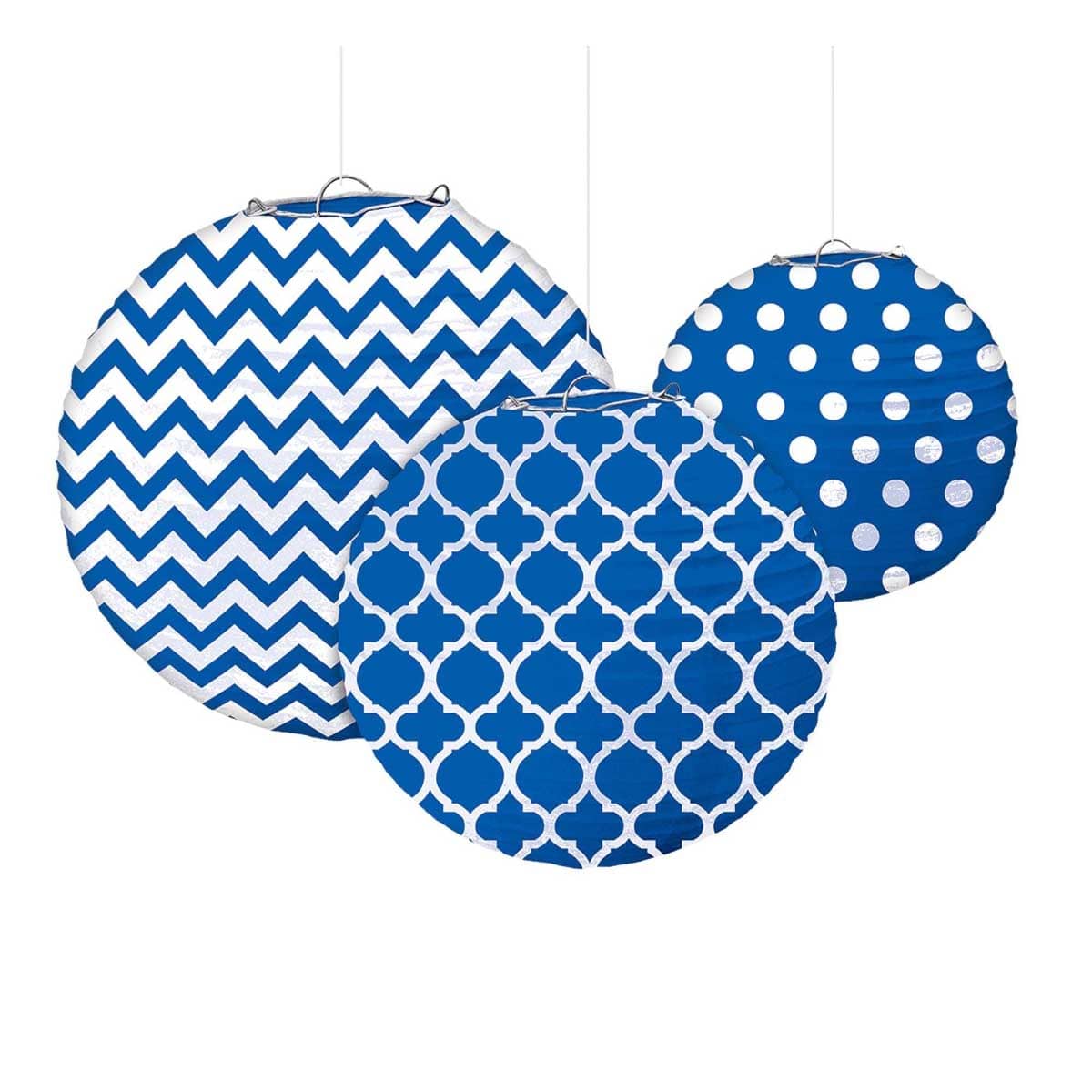 Party Centre 3-Piece 9" Royal Blue Dots & Chevron Round Paper Lanterns Set