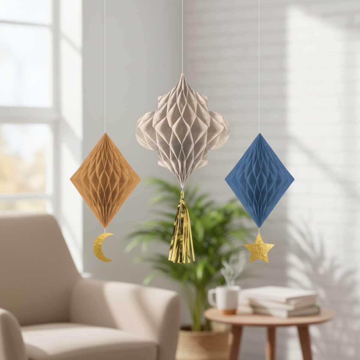Party Centre 3-Piece Eid Ramadan Honeycomb with Tassel Hanging Decoration Set