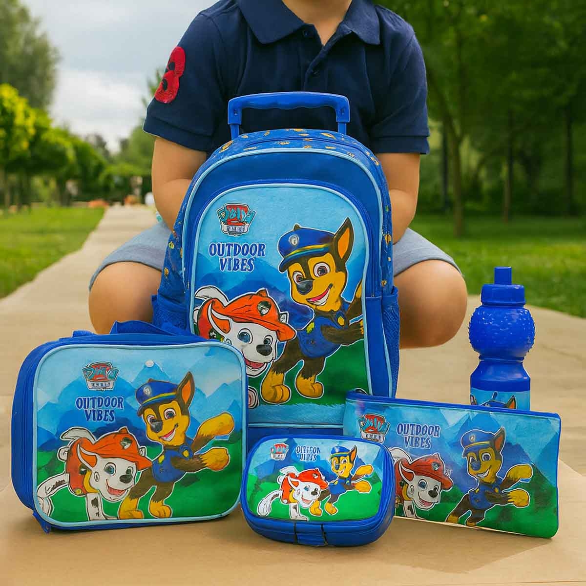 باو باترول مجموعة حقيبة ترولي مدرسية مقاس 18 انش مع حقيبة غداء ومقلمة وزجاجة مياه وصندوق طعام