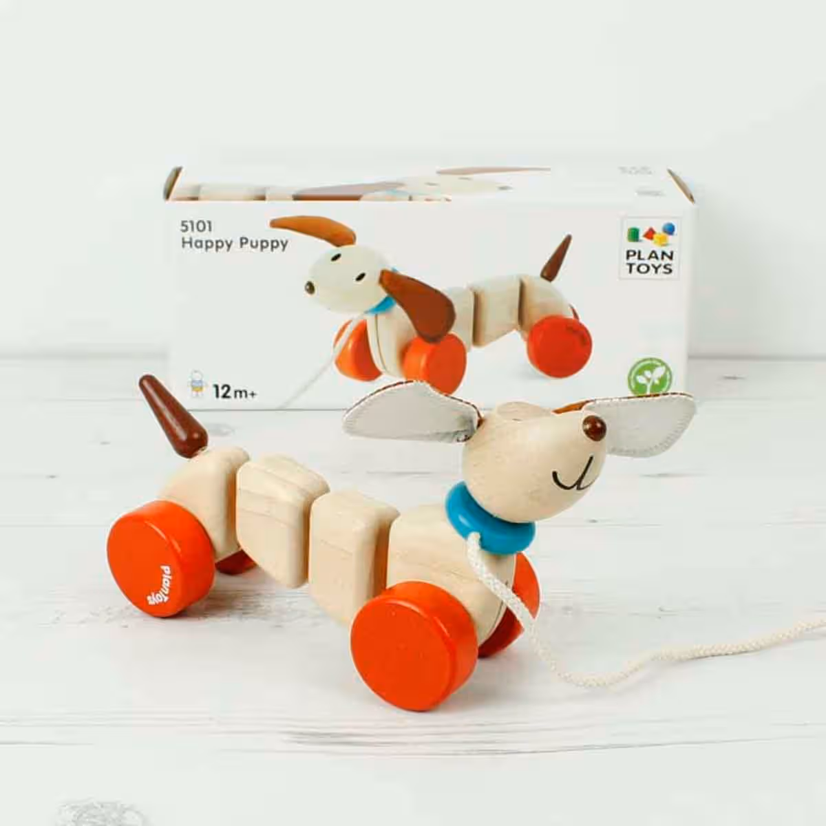 PlanToys Wooden Happy Puppy Pull-Along Toy Toddler, 0-2 Years