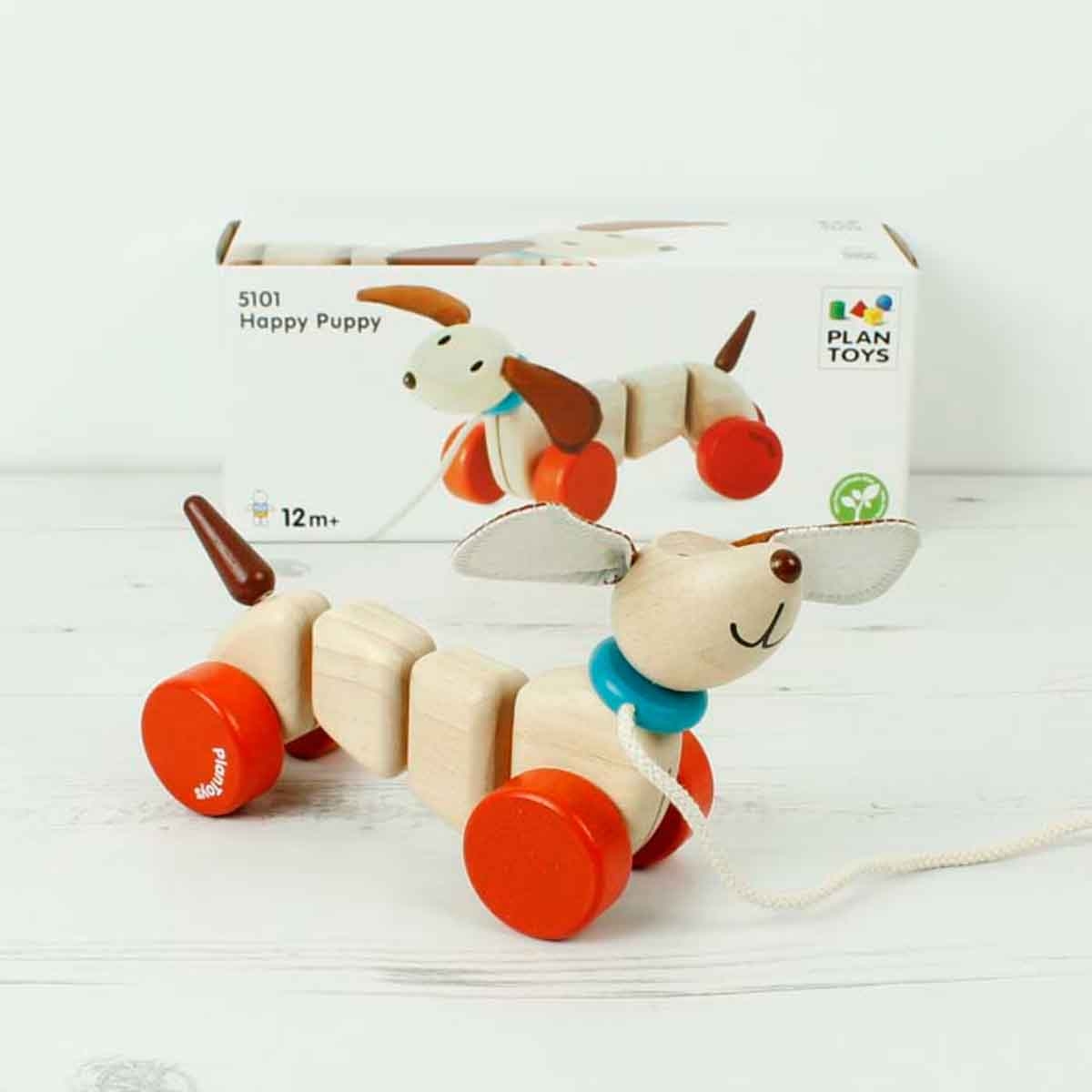 PlanToys Wooden Happy Puppy Pull-Along Toy Toddler, 0-2 Years