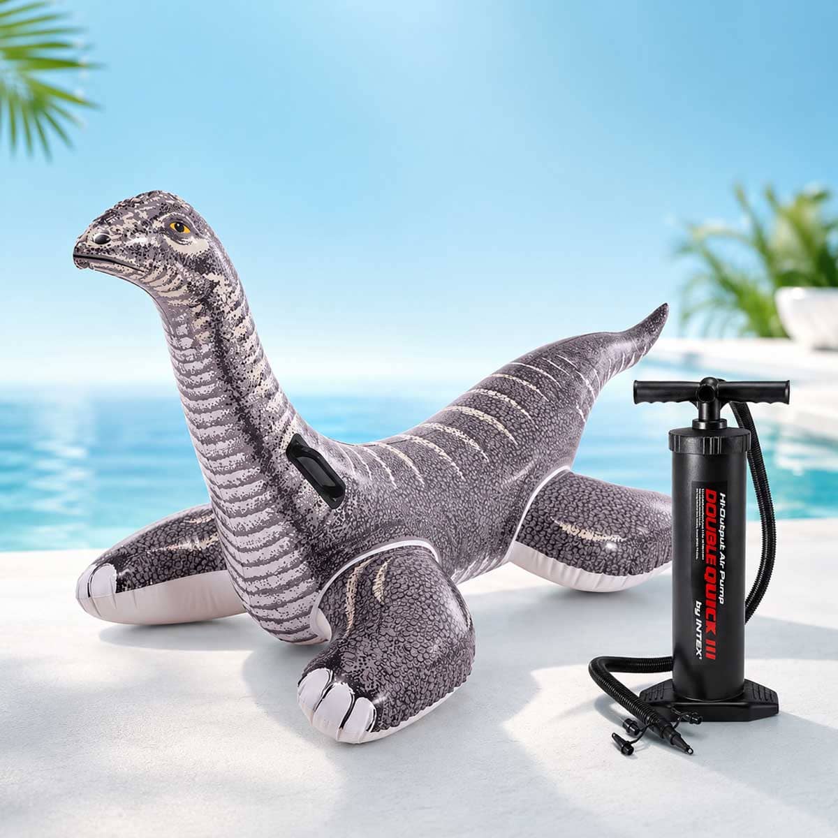 Intex Brontosaurus Ride-On Inflatable Pool Float with Double Quick III Hand Pump Bundle Unisex, 3-4 Years