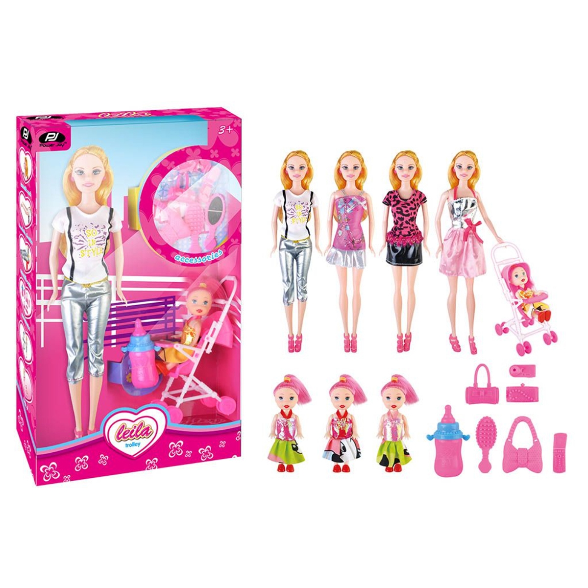 باور جوي ليلى 3 في 1 مجموعة دمى أزياء بعربة للبنات، 3-4 سنوات