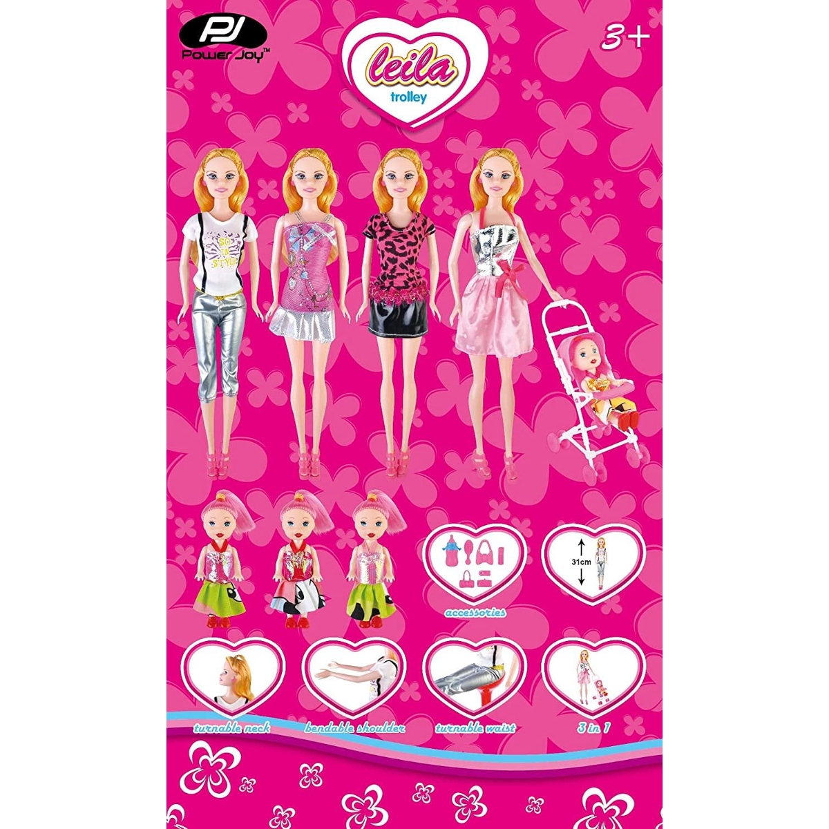 باور جوي ليلى 3 في 1 مجموعة دمى أزياء بعربة للبنات، 3-4 سنوات
