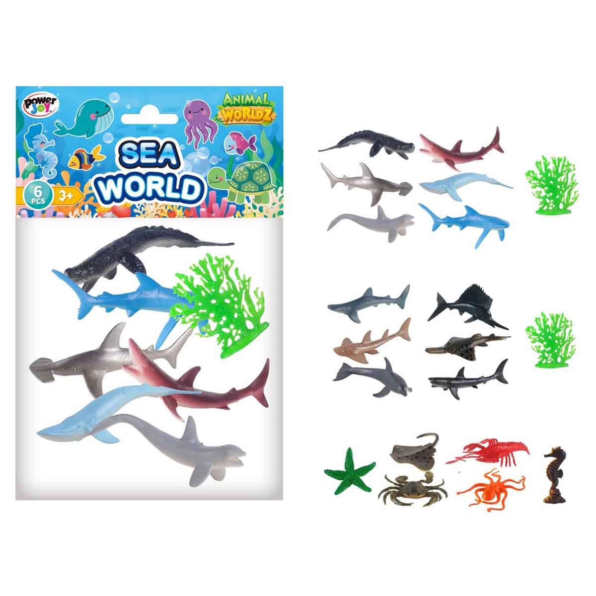 Power Joy Animal Worldz Assorted Sea World Figure Unisex, 3-4 Years, Pack of 6