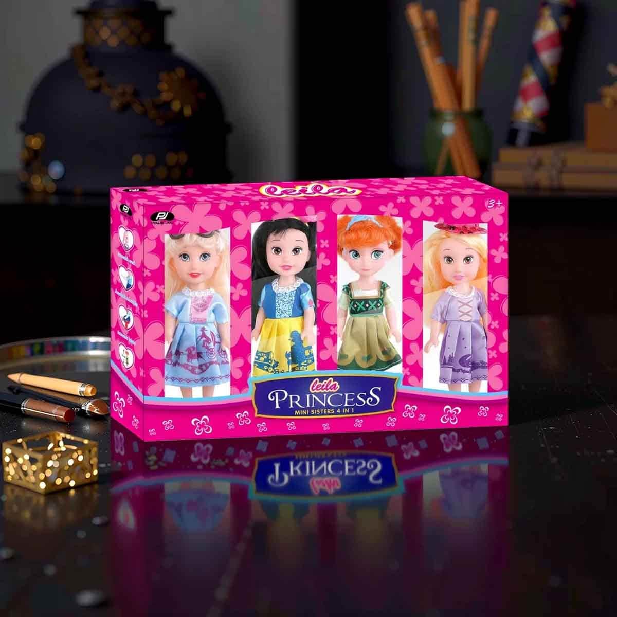 Power Joy 16 cm Leila Princess Mini Sisters 4 In 1 Assorted Doll Girls, 3-4 Years, Pack of 4