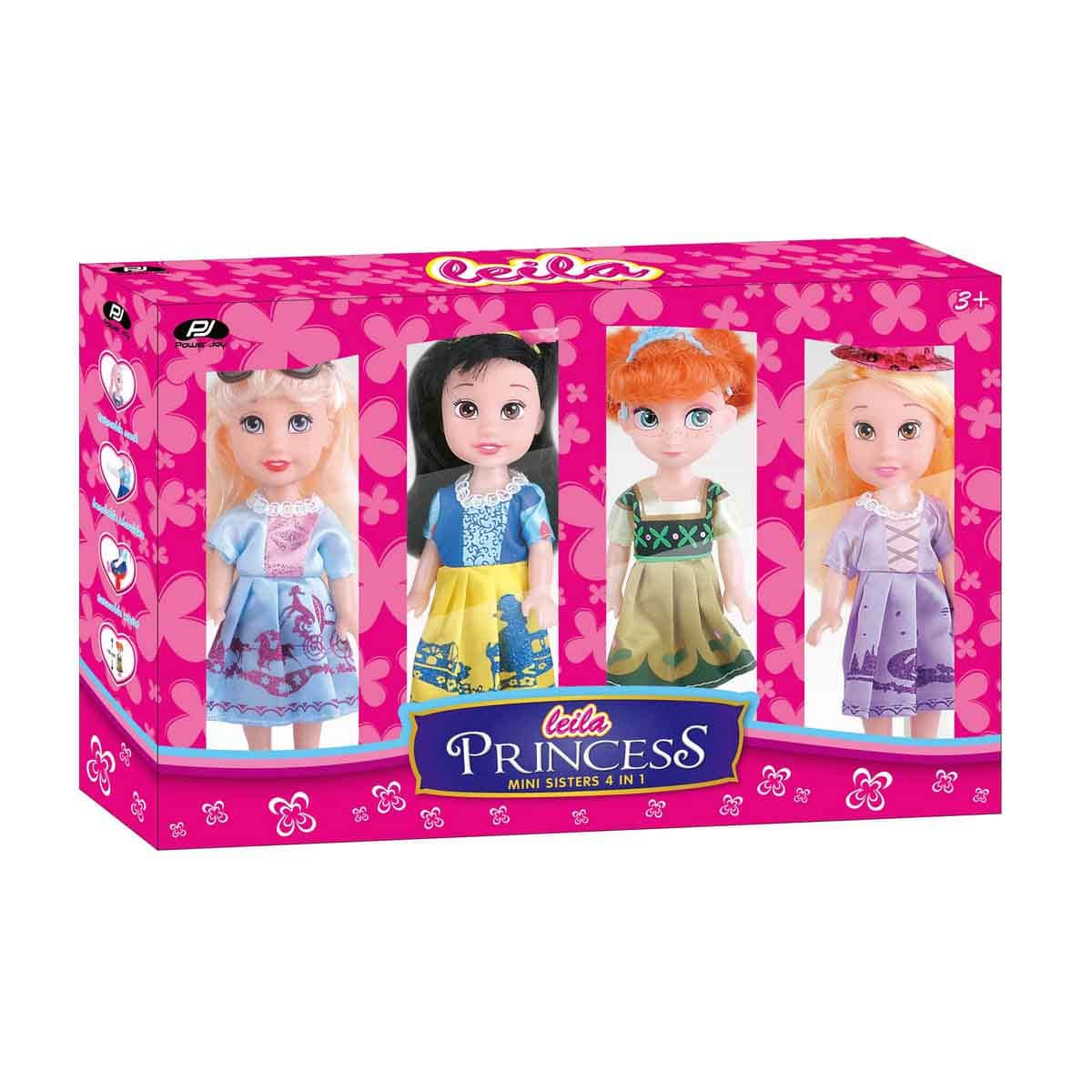 Power Joy 16 cm Leila Princess Mini Sisters 4 In 1 Assorted Doll Girls, 3-4 Years, Pack of 4