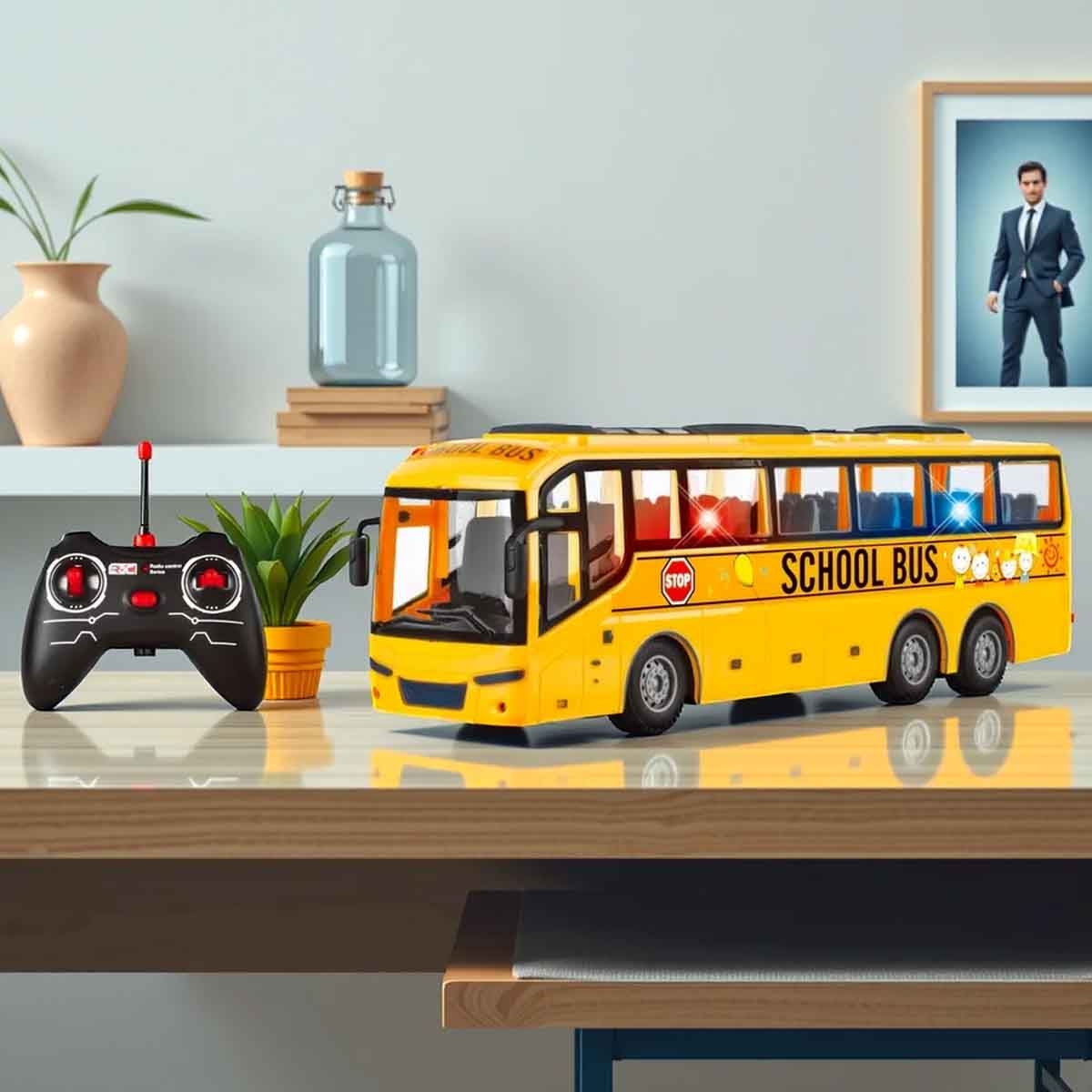 باور جوي مقياس 1:16 باص مدرسة ريموت كنترول مع أضواء للأولاد، عمر 3-4 سنوات