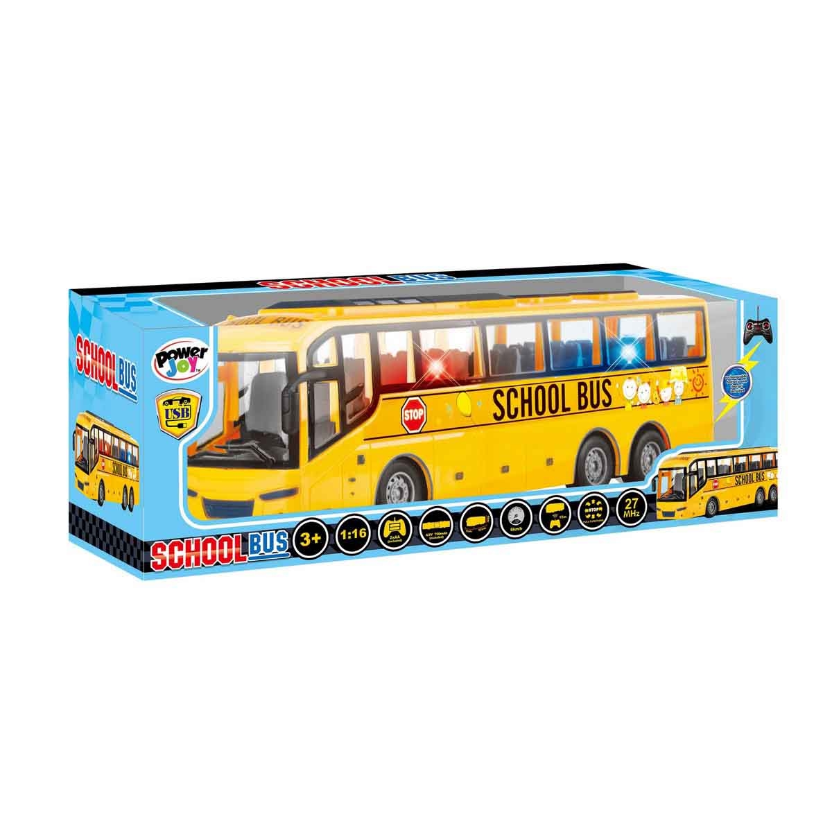 باور جوي مقياس 1:16 باص مدرسة ريموت كنترول مع أضواء للأولاد، عمر 3-4 سنوات