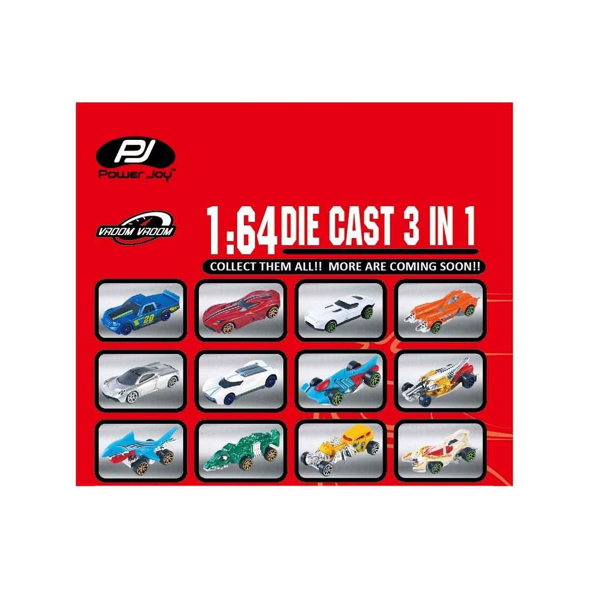 Power Joy 1:64 Scale VroomVroom 3-In-1 Diecast Car Set Boys, 3-4 Years