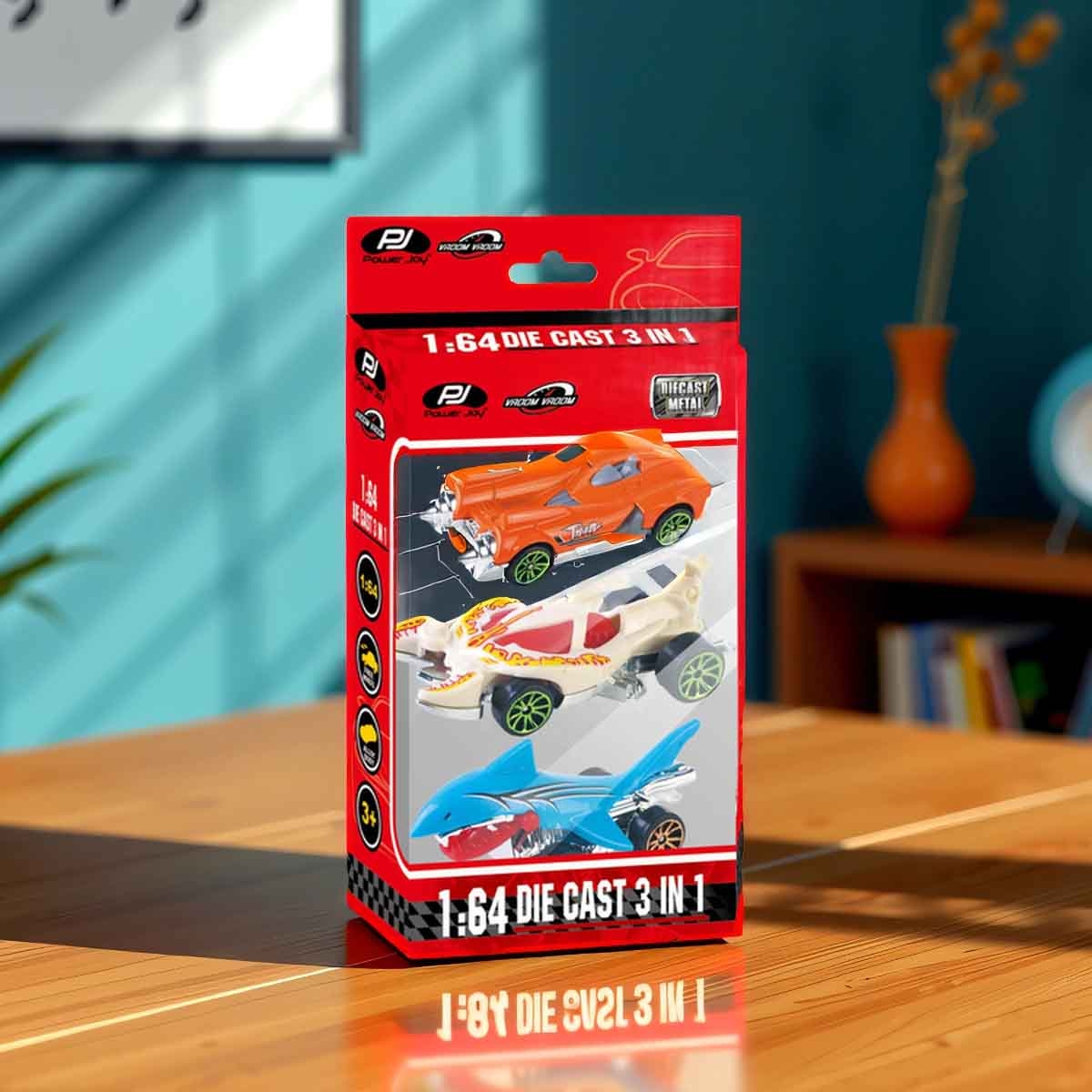 Power Joy 1:64 Scale VroomVroom 3-In-1 Diecast Car Set Boys, 3-4 Years