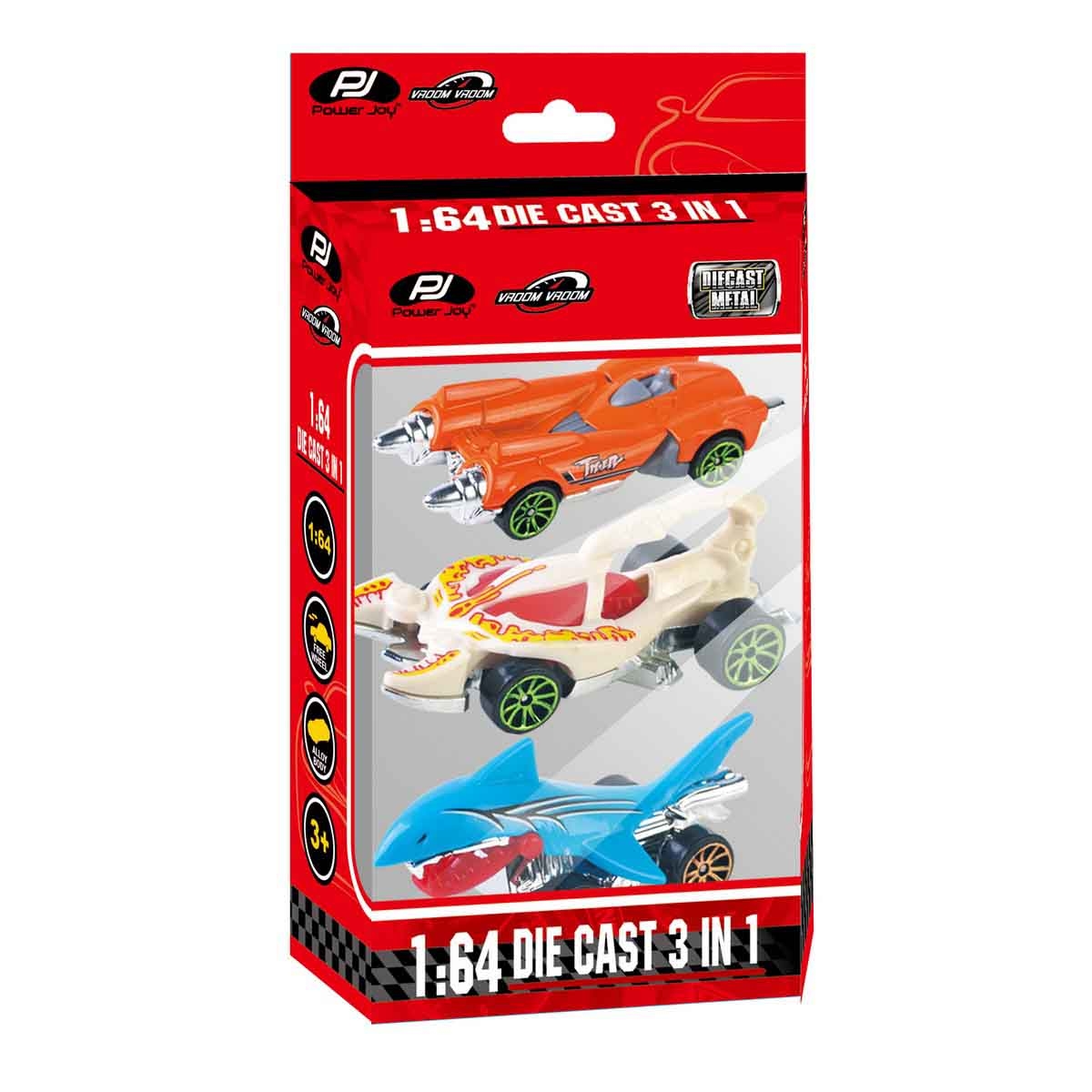 Power Joy 1:64 Scale VroomVroom 3-In-1 Diecast Car Set Boys, 3-4 Years