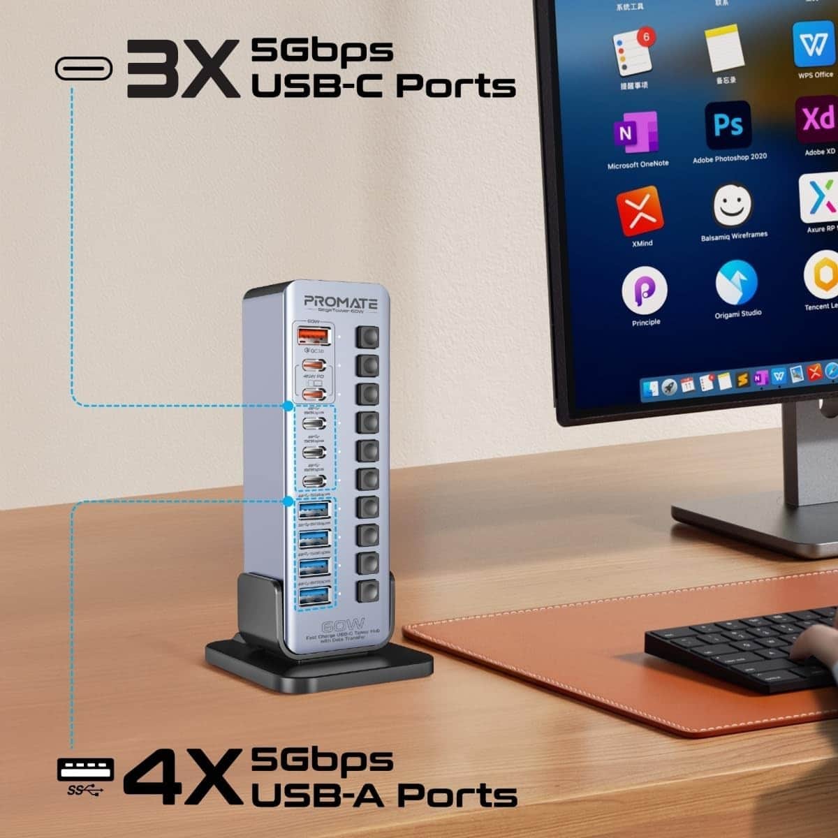 Promate 14-in-1 Multiport 60W USB-C Tower Hub