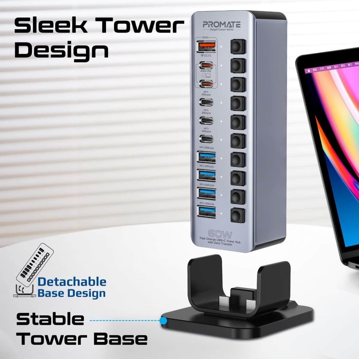 Promate 14-in-1 Multiport 60W USB-C Tower Hub