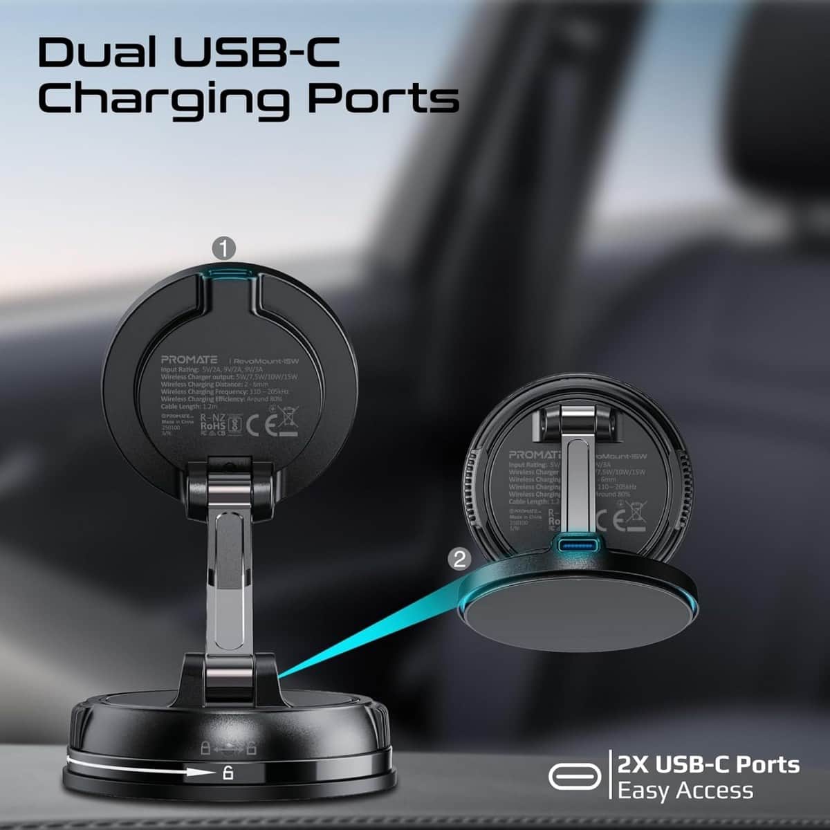 Promate 15W MagSafe Wireless Car Charger Mount with Dual USB-C Ports