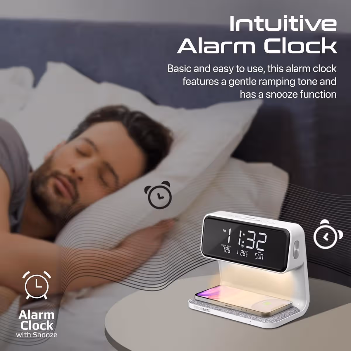 Promate 15W Wireless Charging Alarm Clock