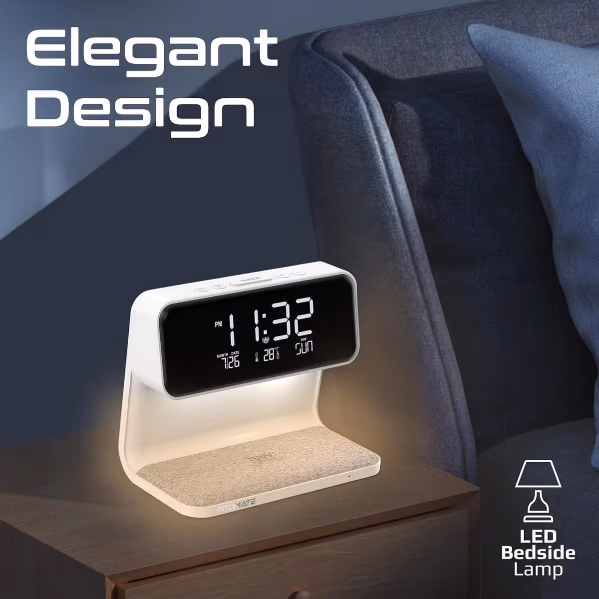 Promate 15W Wireless Charging Alarm Clock