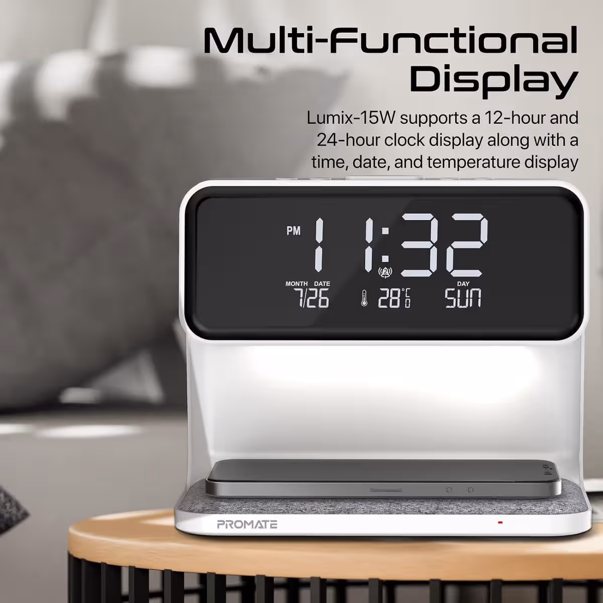 Promate 15W Wireless Charging Alarm Clock