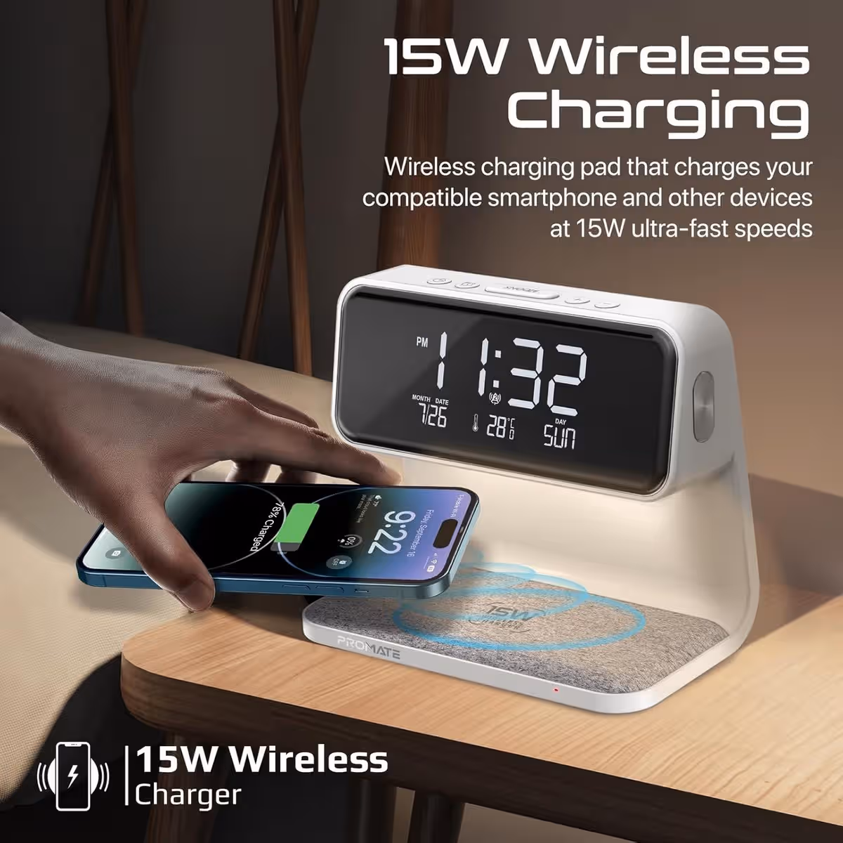 Promate 15W Wireless Charging Alarm Clock