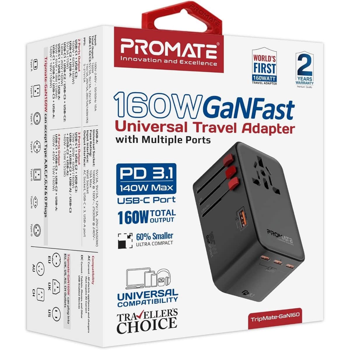 Promate 160W GaNFast Universal Travel Adapter