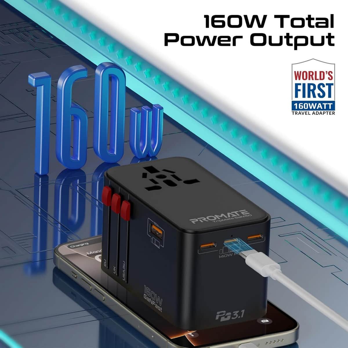 Promate 160W GaNFast Universal Travel Adapter
