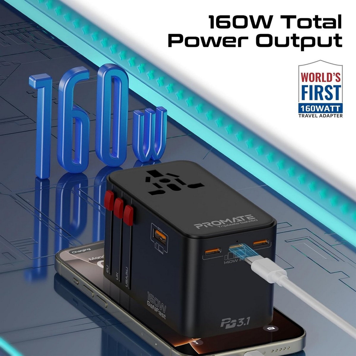 Promate 160W GaNFast Universal Travel Adapter