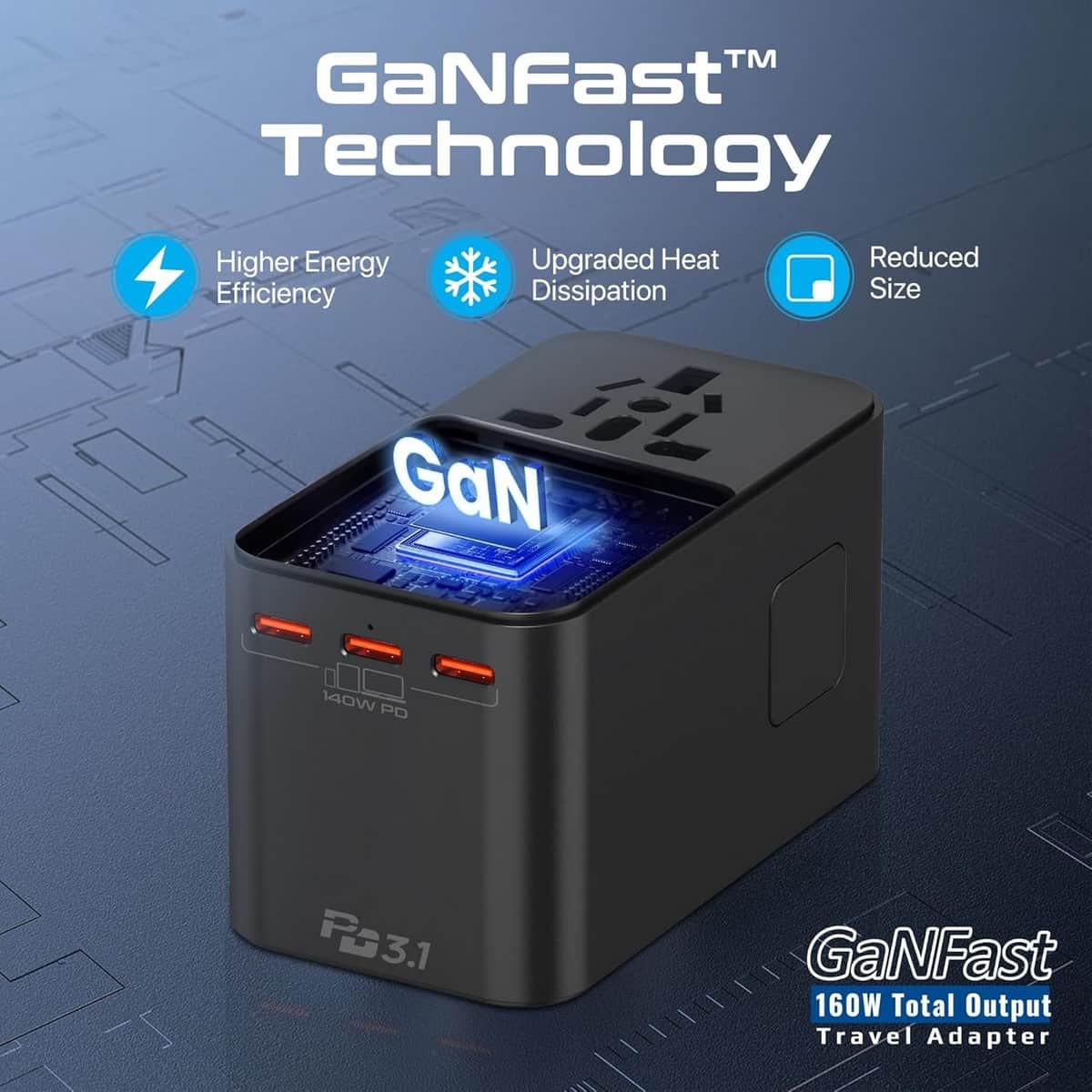 Promate 160W GaNFast Universal Travel Adapter