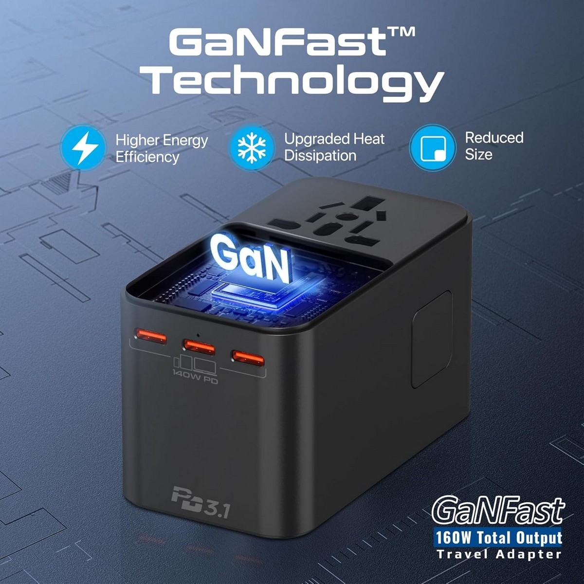 Promate 160W GaNFast Universal Travel Adapter