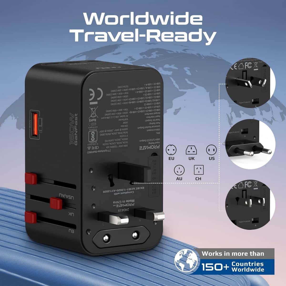 Promate 160W GaNFast Universal Travel Adapter