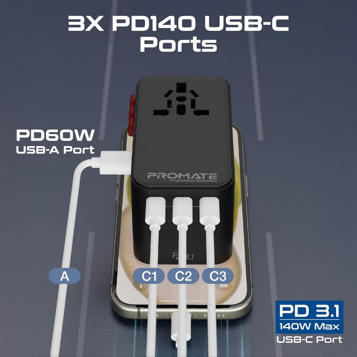 Promate 160W GaNFast Universal Travel Adapter