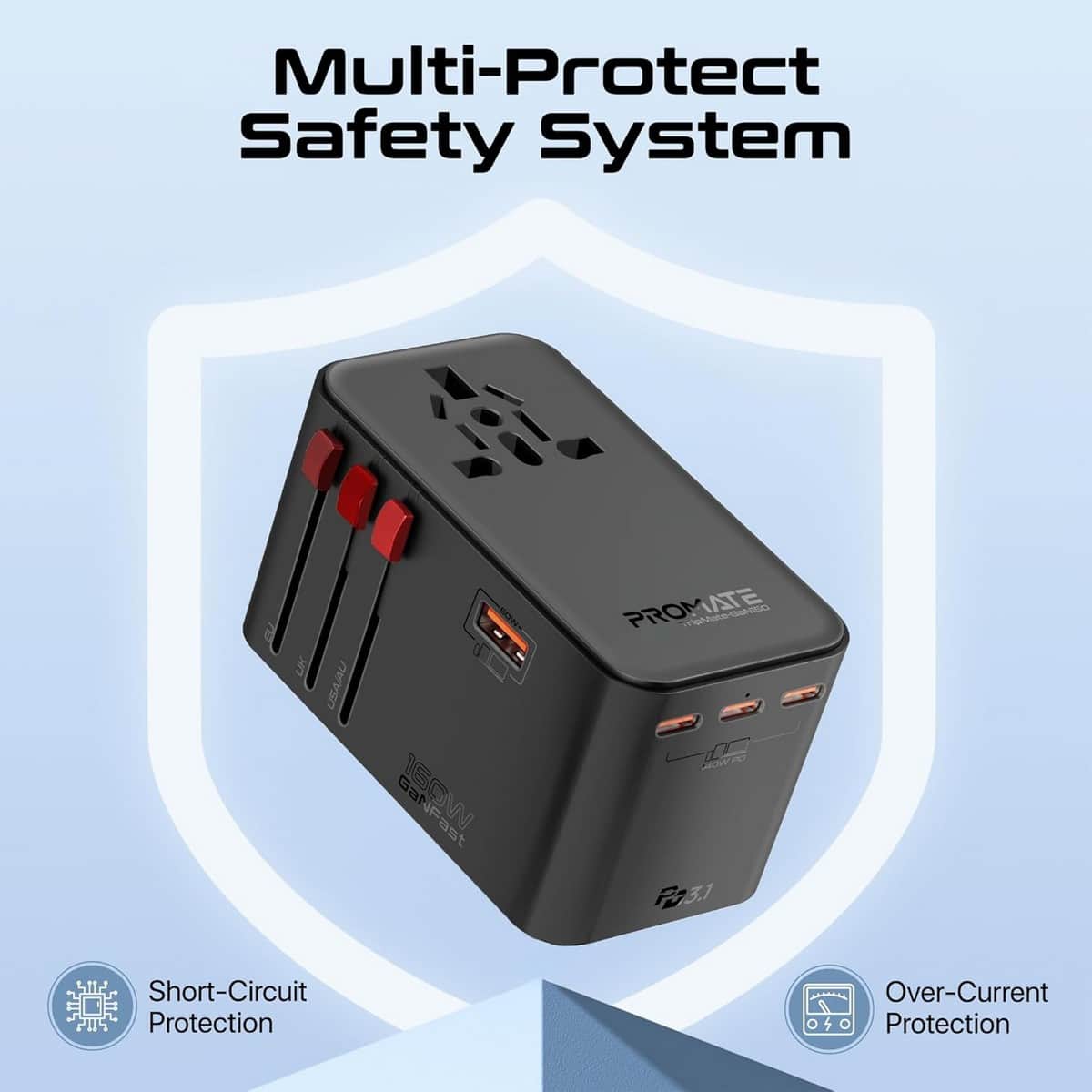Promate 160W GaNFast Universal Travel Adapter
