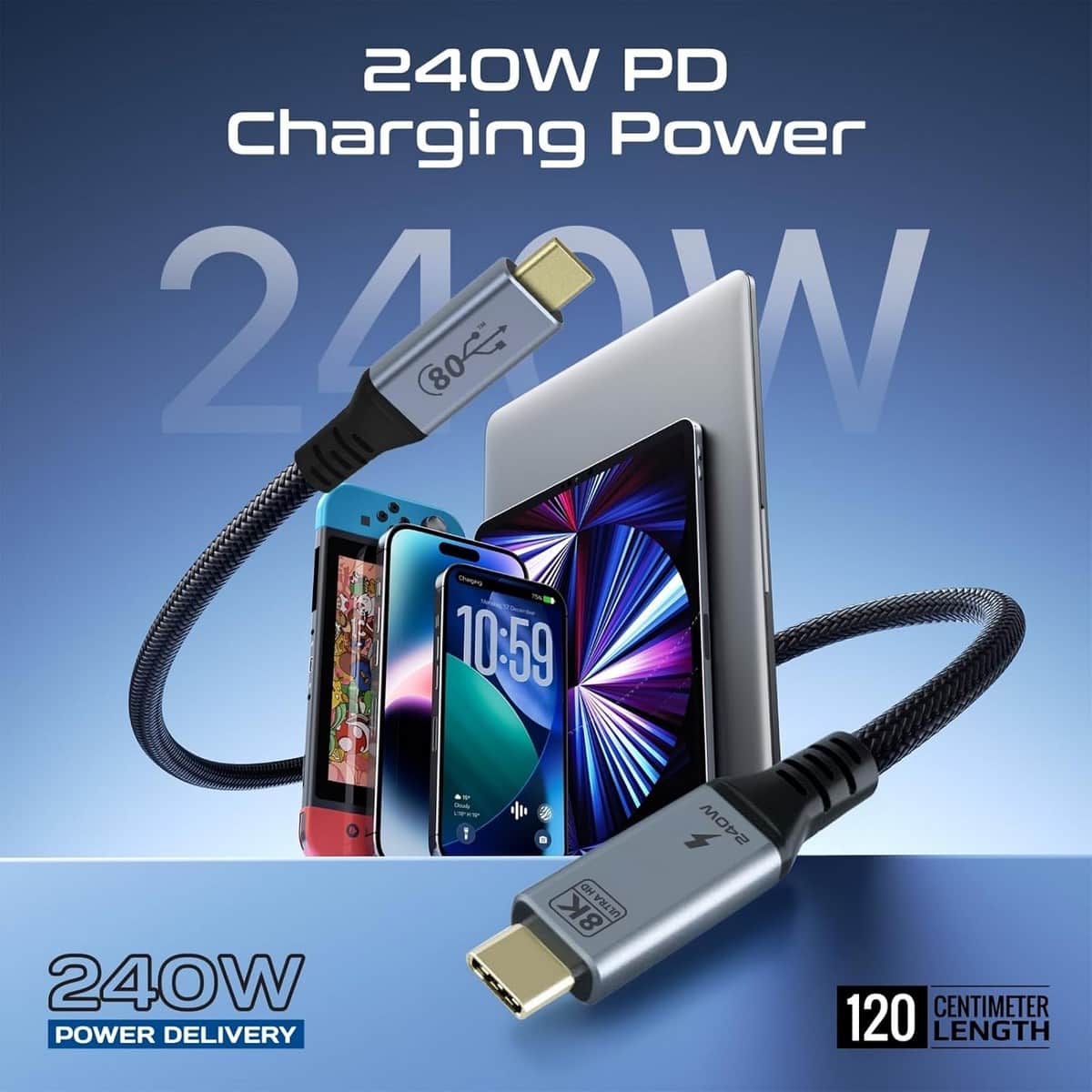 Promate 1.2m 240W 80Gbps USB4 to USB-C Cable