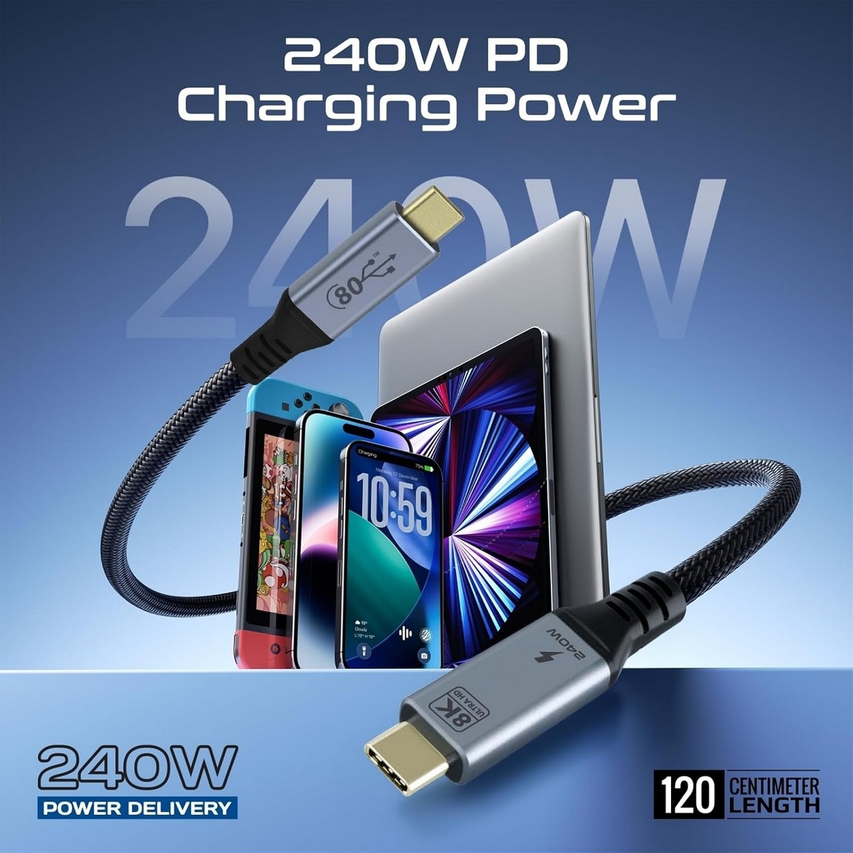 Promate 1.2m 240W 80Gbps USB4 to USB-C Cable