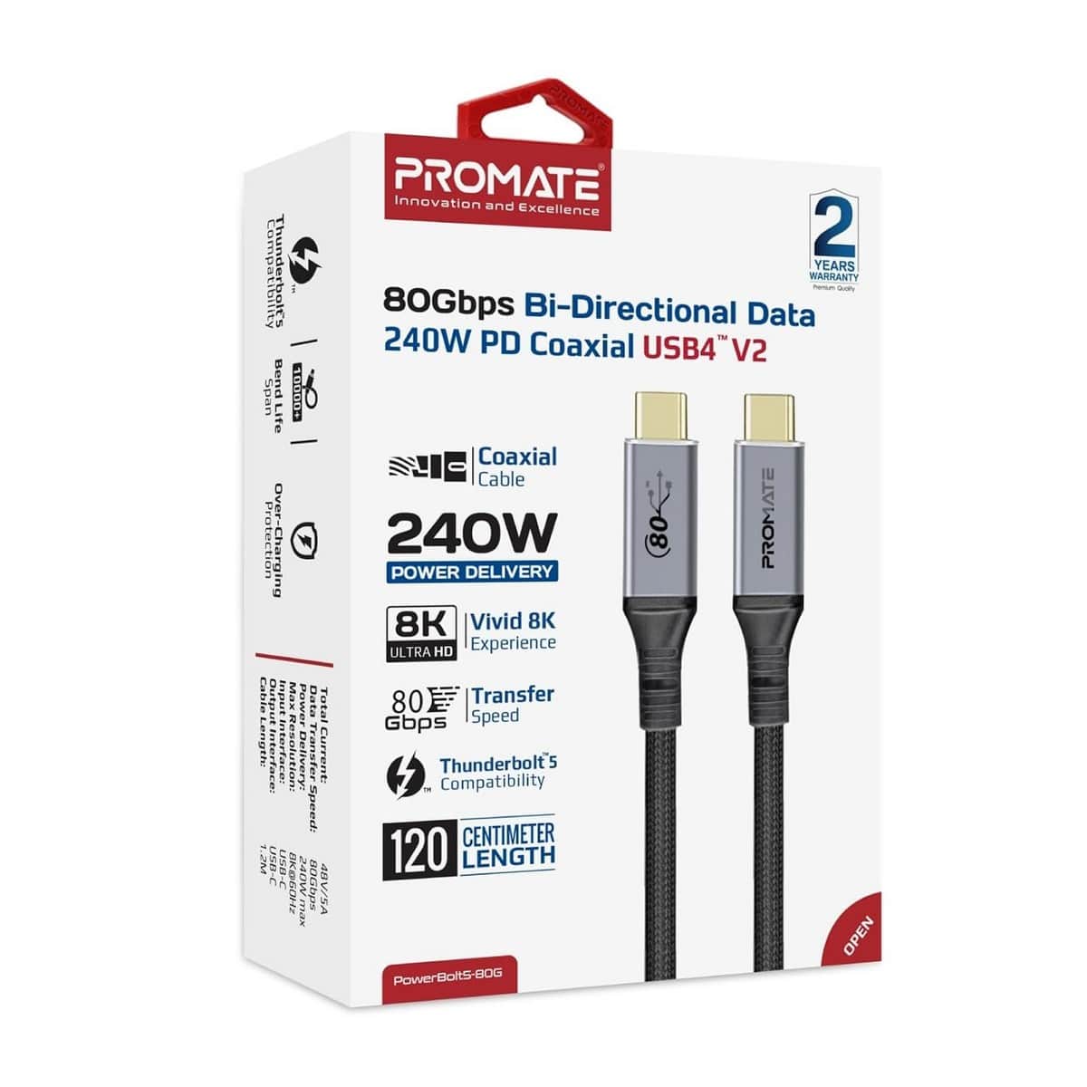 Promate 1.2m 240W 80Gbps USB4 to USB-C Cable