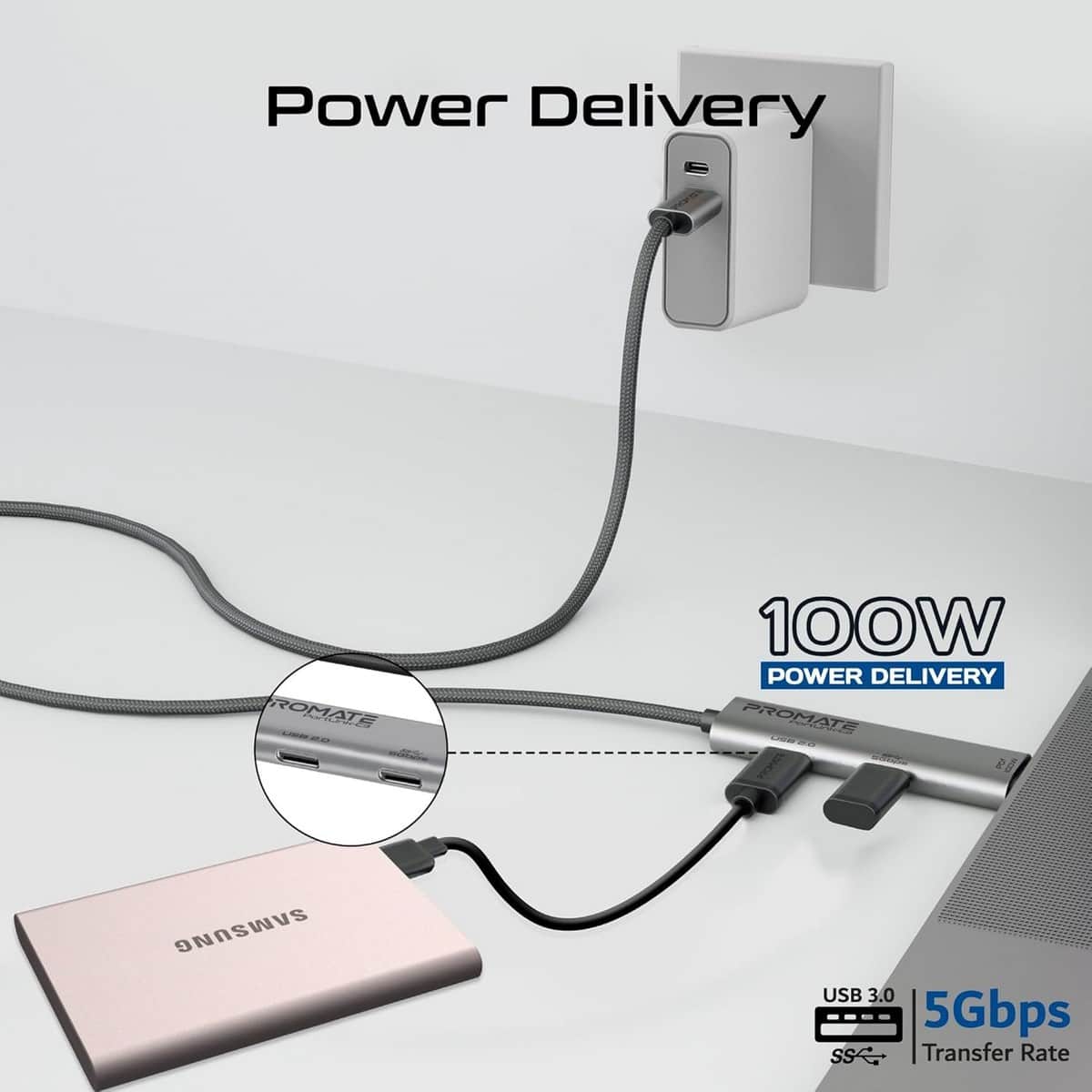 بروميت كابل شحن متعدد المنافذ 3 في 1 USB-C بطول 1.5 متر وقدرة 100W