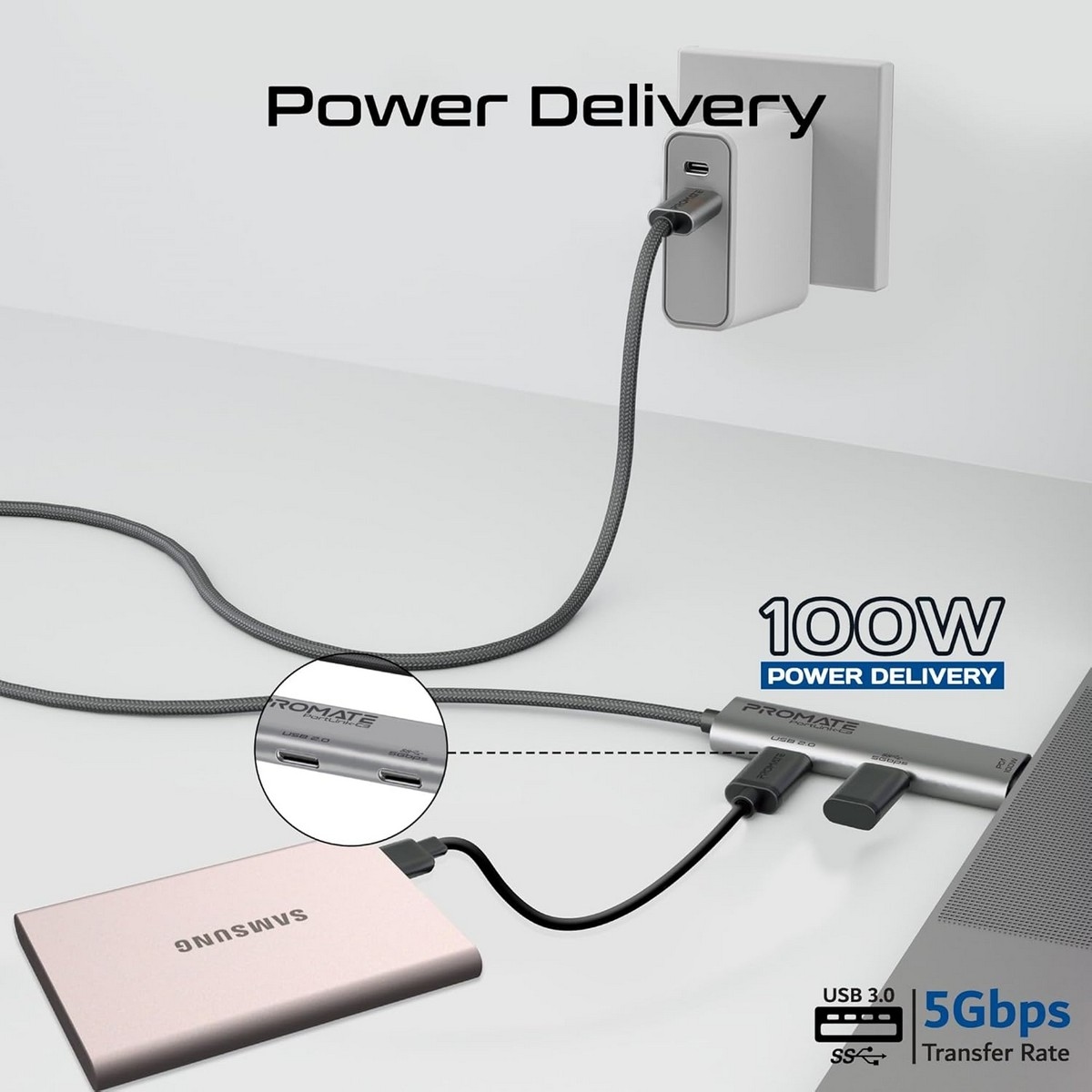 بروميت كابل شحن متعدد المنافذ 3 في 1 USB-C بطول 1.5 متر وقدرة 100W