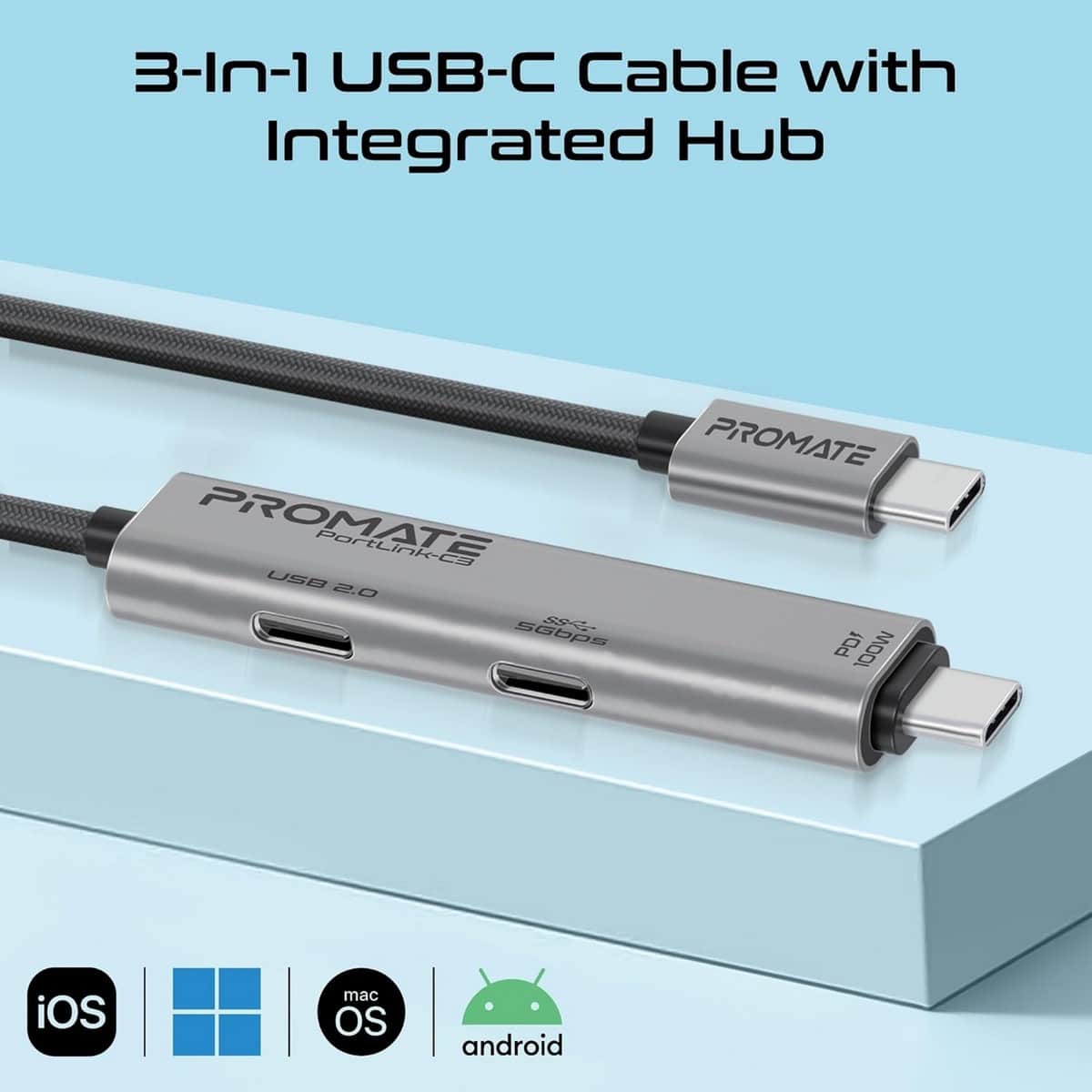 بروميت كابل شحن متعدد المنافذ 3 في 1 USB-C بطول 1.5 متر وقدرة 100W