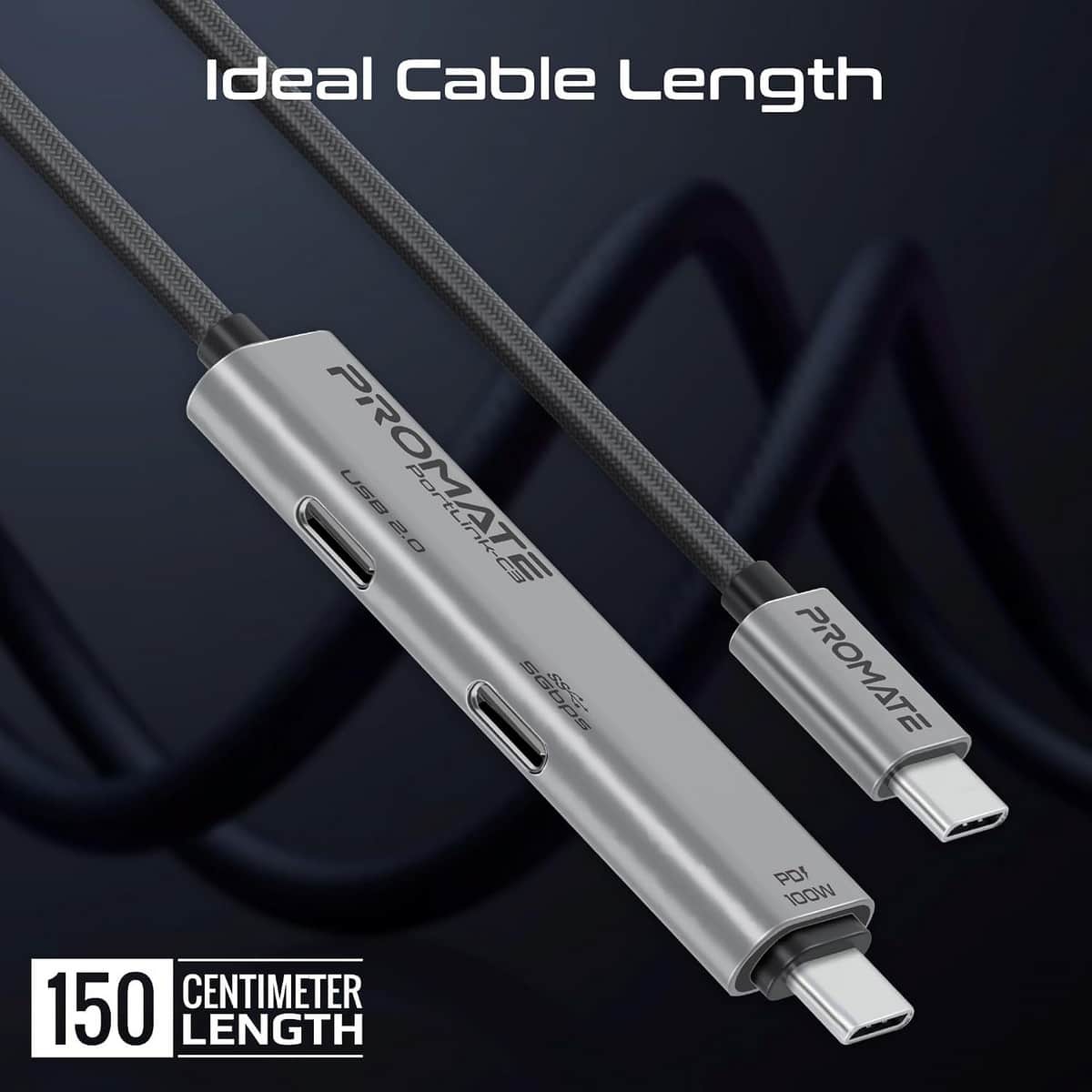 بروميت كابل شحن متعدد المنافذ 3 في 1 USB-C بطول 1.5 متر وقدرة 100W
