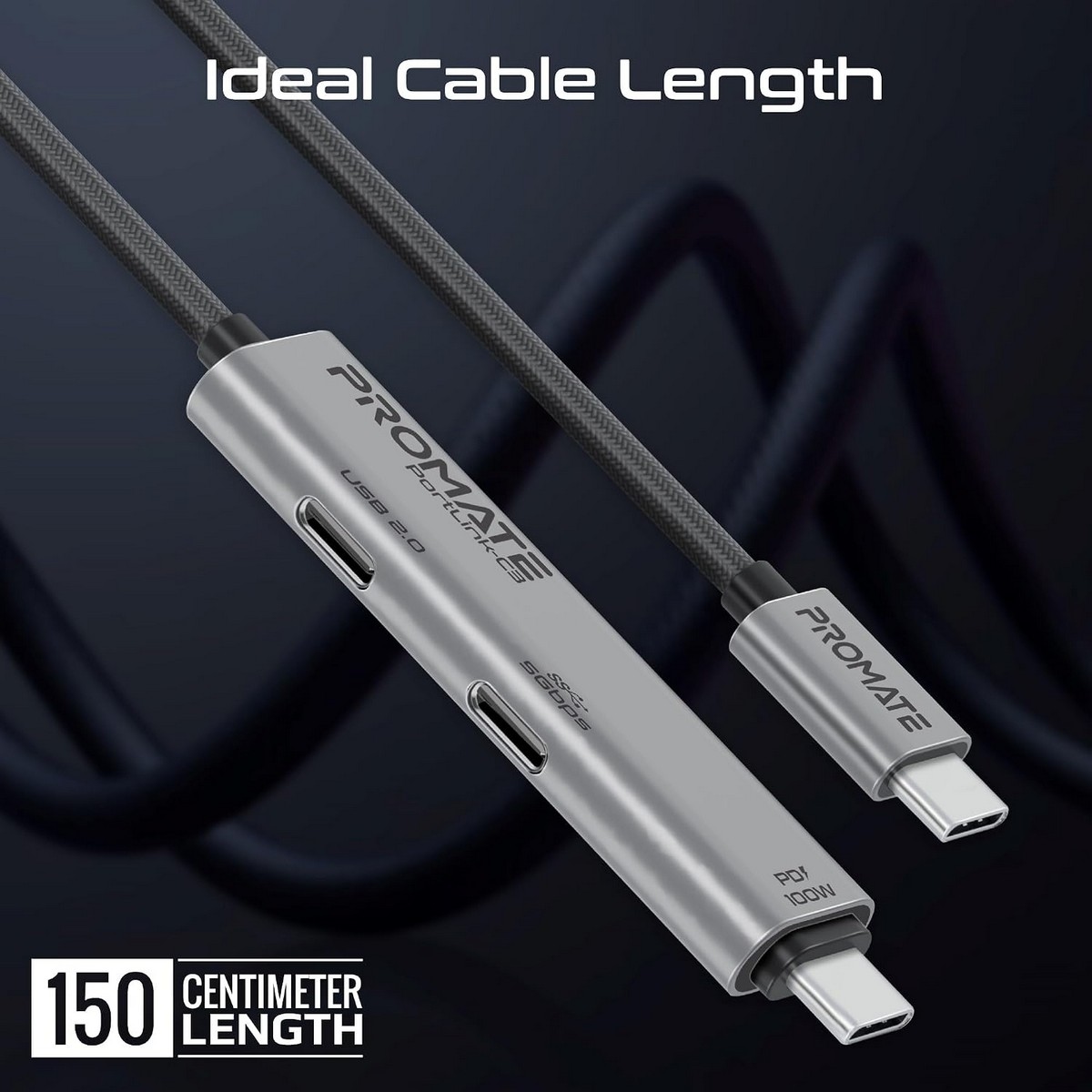 بروميت كابل شحن متعدد المنافذ 3 في 1 USB-C بطول 1.5 متر وقدرة 100W