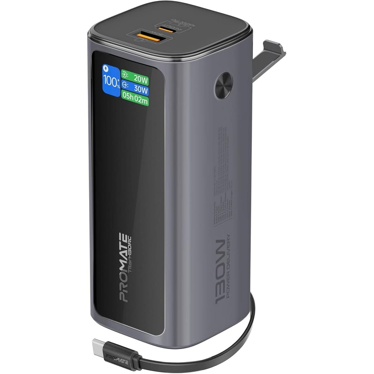 بروميت باور بانك بسعة 20000 مللي أمبير، 130 واط، مع كابل USB-C قابل للسحب