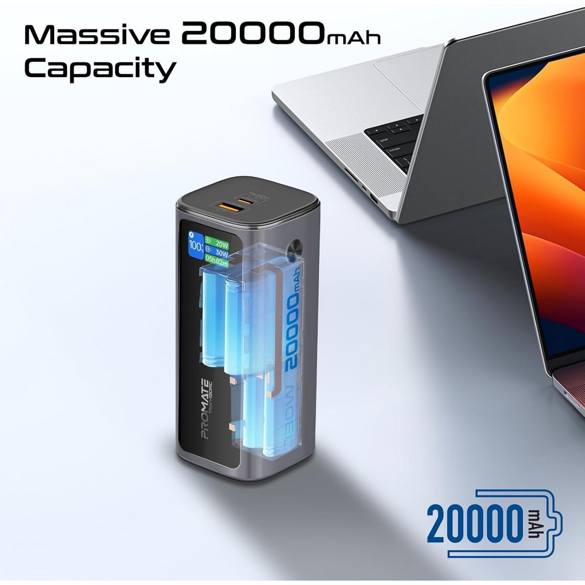 بروميت باور بانك بسعة 20000 مللي أمبير، 130 واط، مع كابل USB-C قابل للسحب