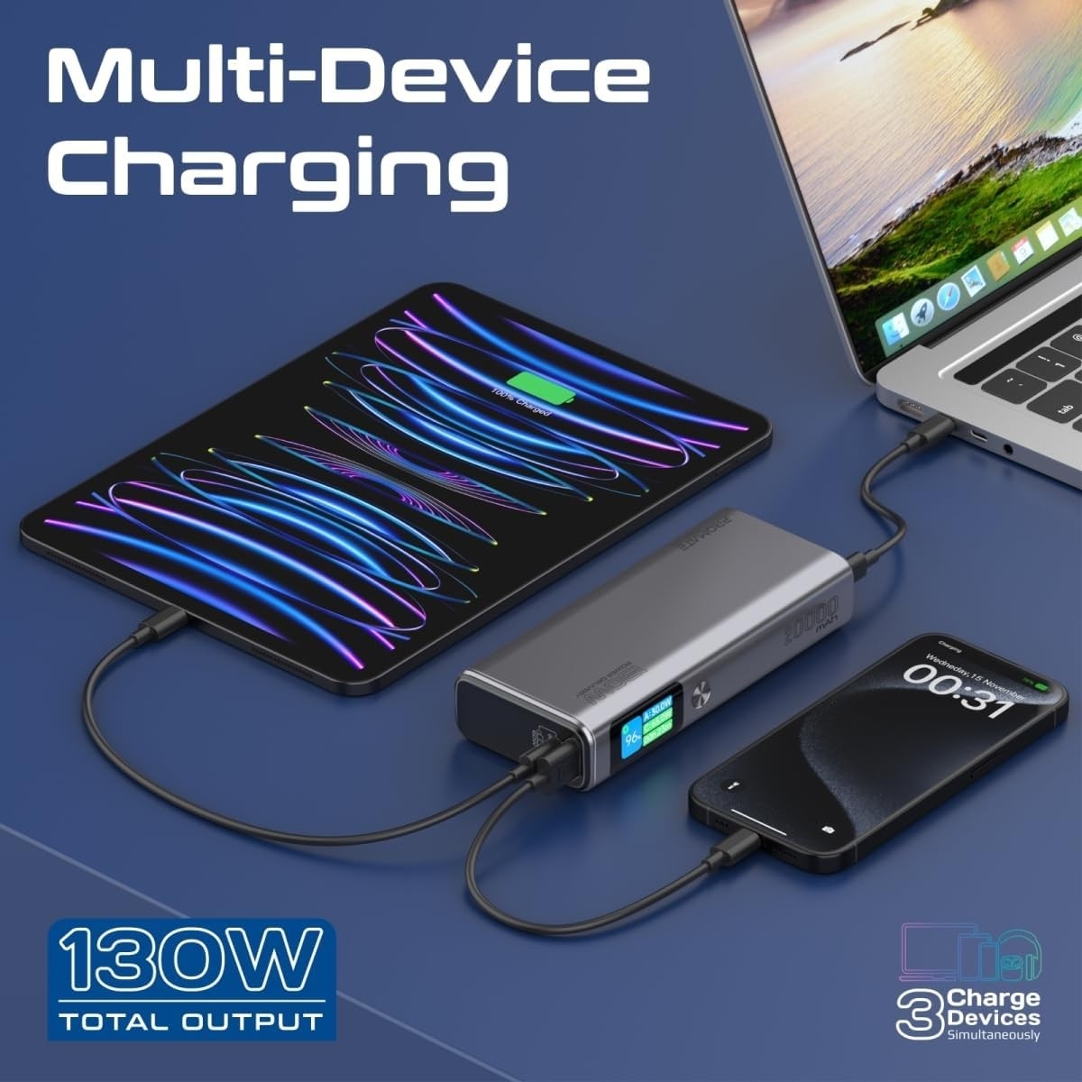 Promate 20000mAh 130W Power Delivery Ultra-Slim Power Bank