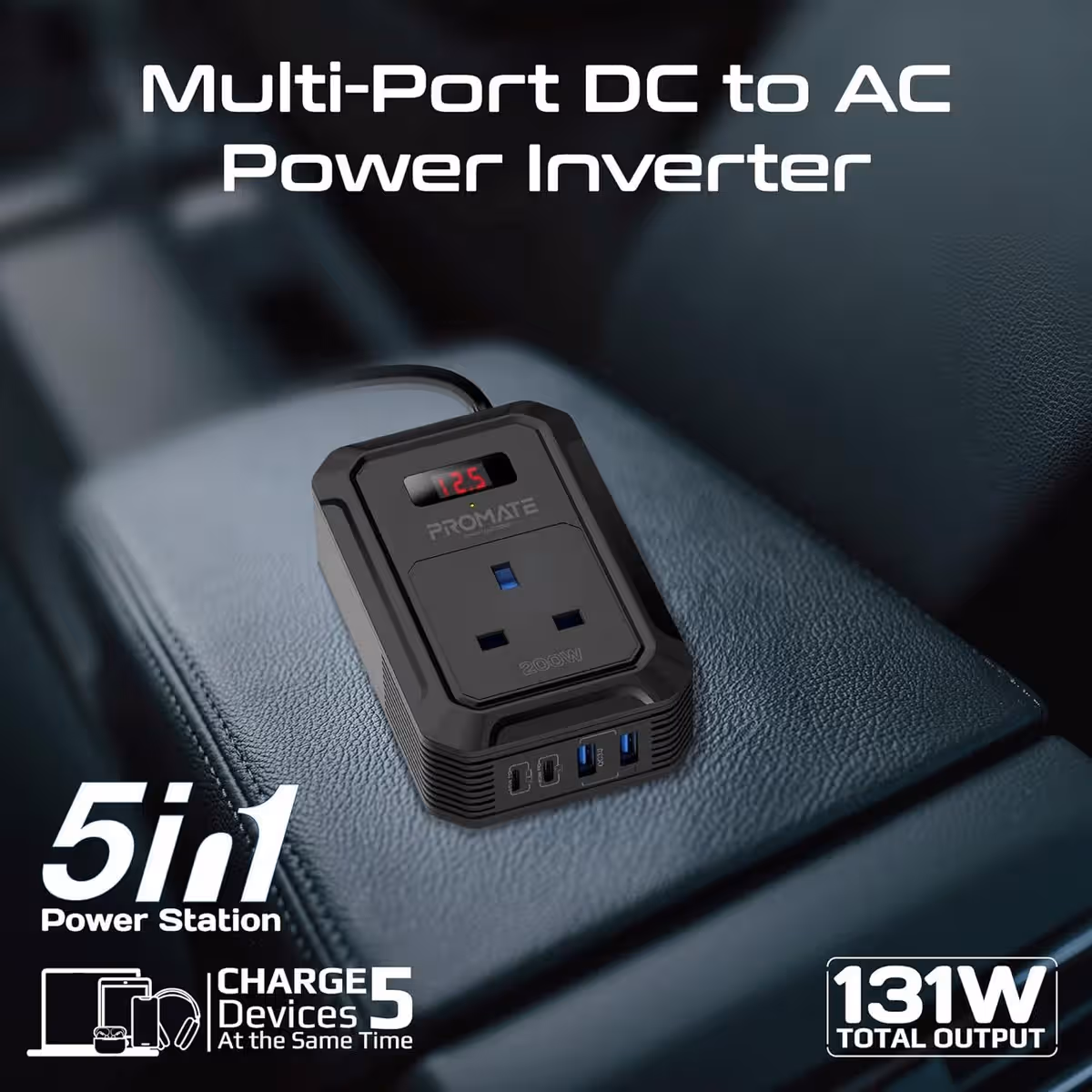 Promate 200W 5-in-1 DC to AC Adapter Car Power Inverter