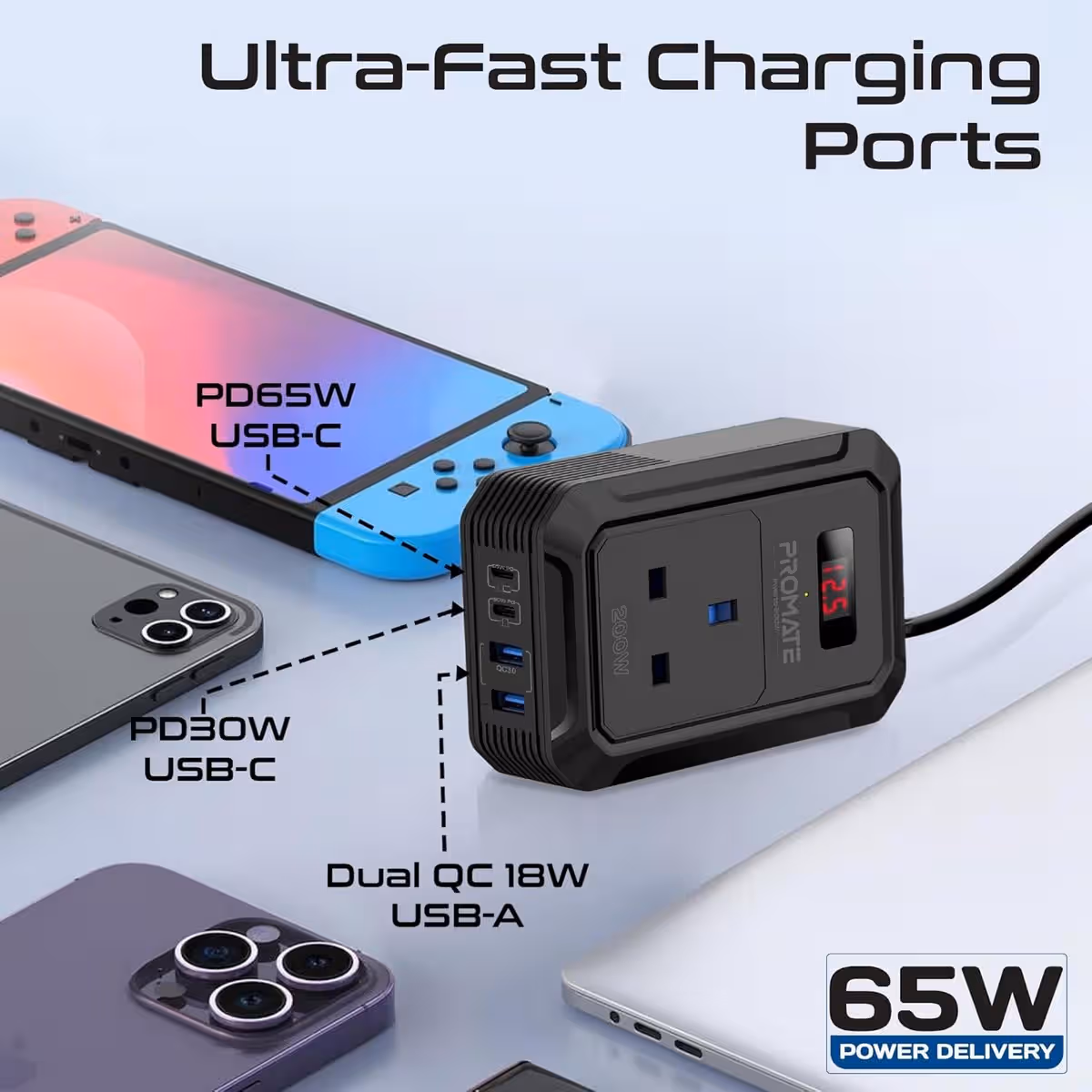 Promate 200W 5-in-1 DC to AC Adapter Car Power Inverter